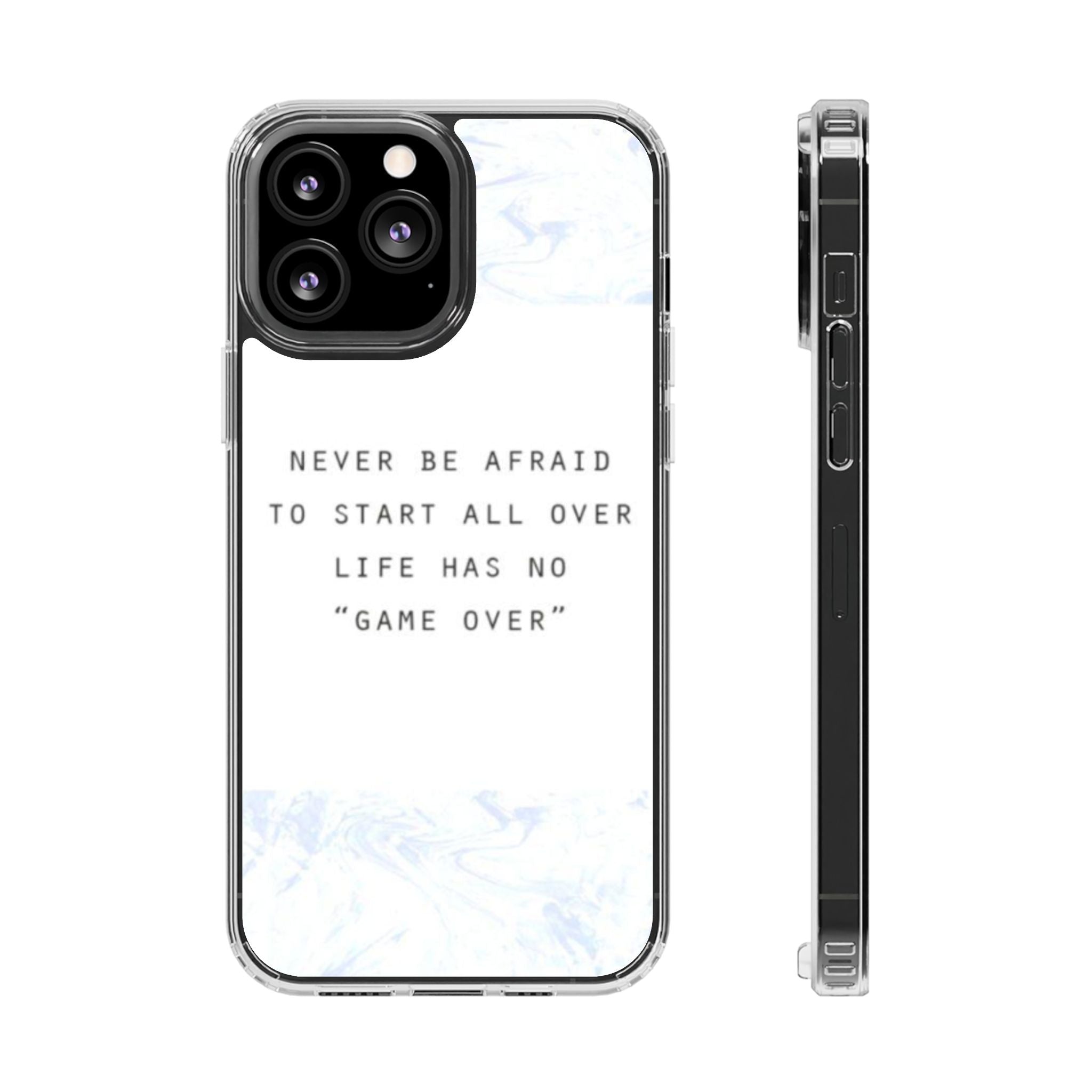 Clear Magnetic Phone Case — "Never Be Afraid to Start All Over" Inspirational Marble Design