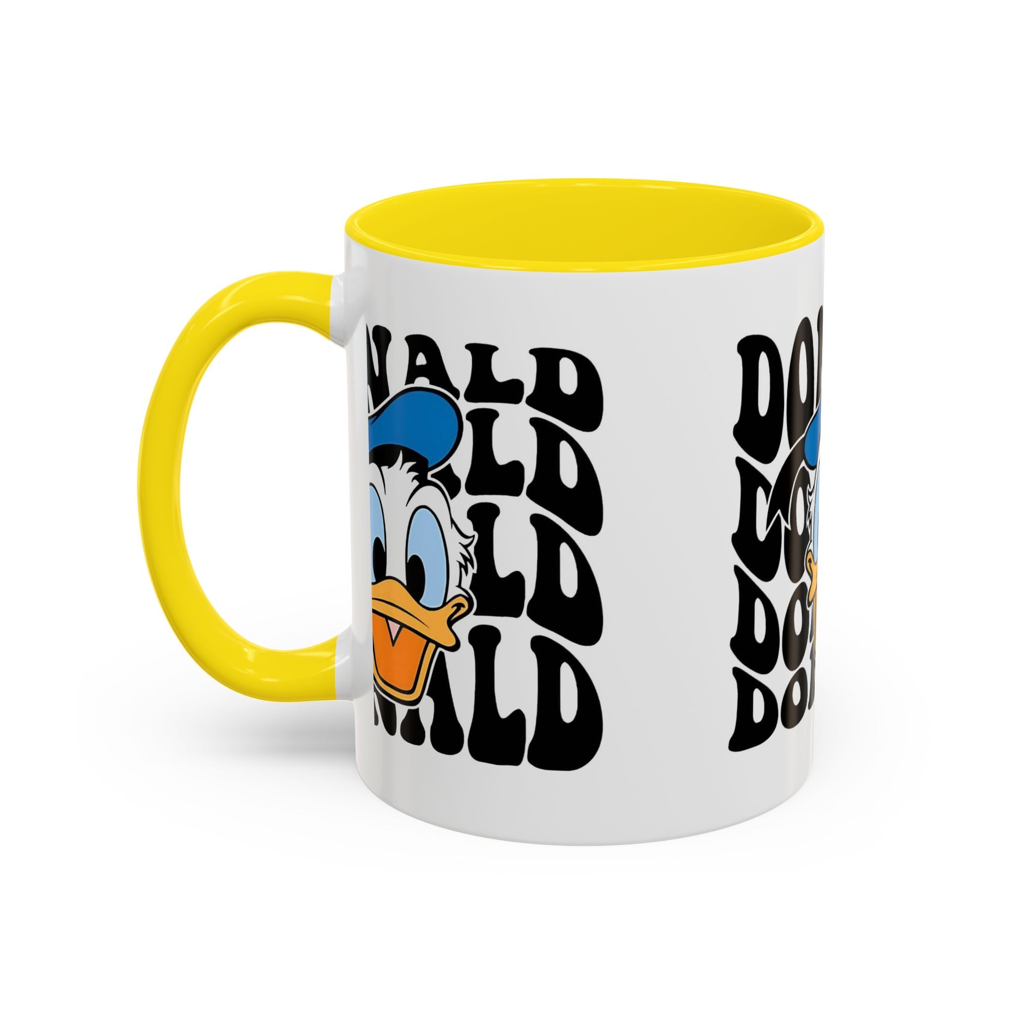 Donald Duck Accent Coffee Mug — Retro Character Face & Repeating "Donald" Text, 11/15oz
