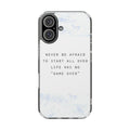 Clear Magnetic Phone Case — "Never Be Afraid to Start All Over" Inspirational Marble Design