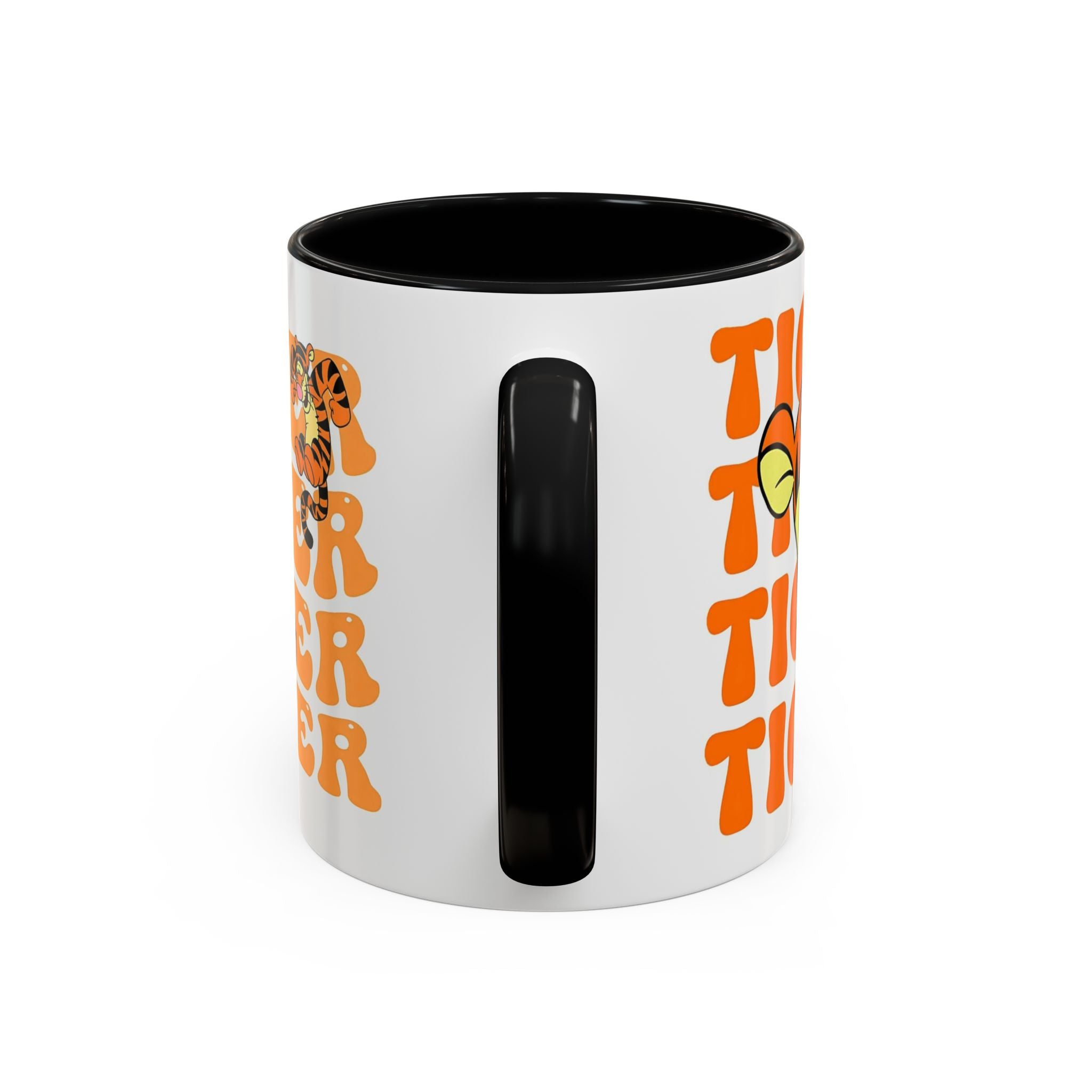 Tigger Coffee Mug — Cute Tigger Face with Retro Orange Text (11/15oz Accent Mug)