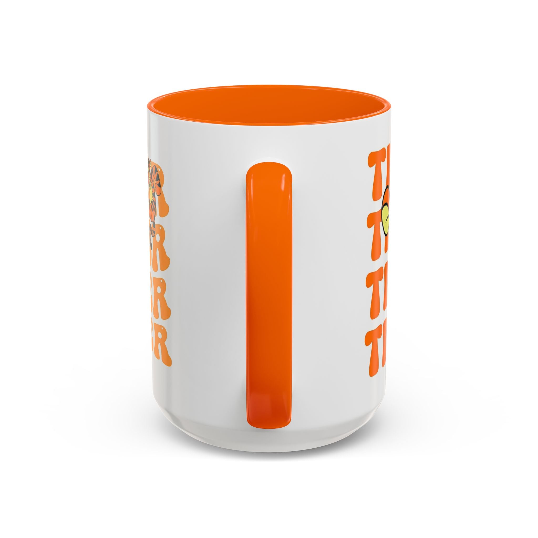 Tigger Coffee Mug — Cute Tigger Face with Retro Orange Text (11/15oz Accent Mug)