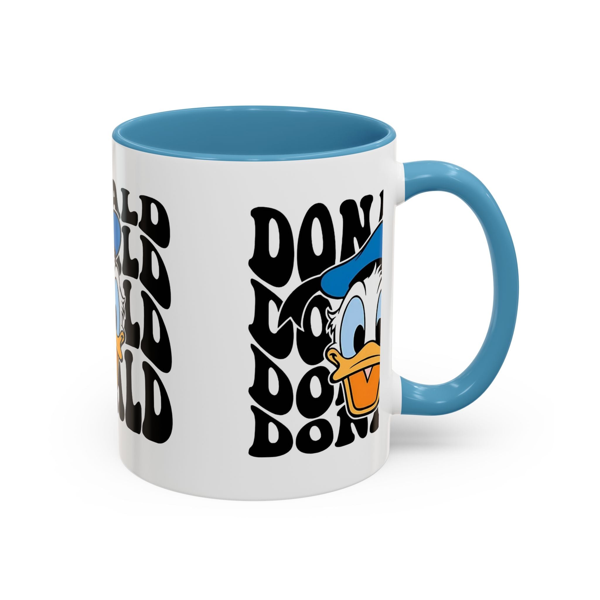 Donald Duck Accent Coffee Mug — Retro Character Face & Repeating "Donald" Text, 11/15oz