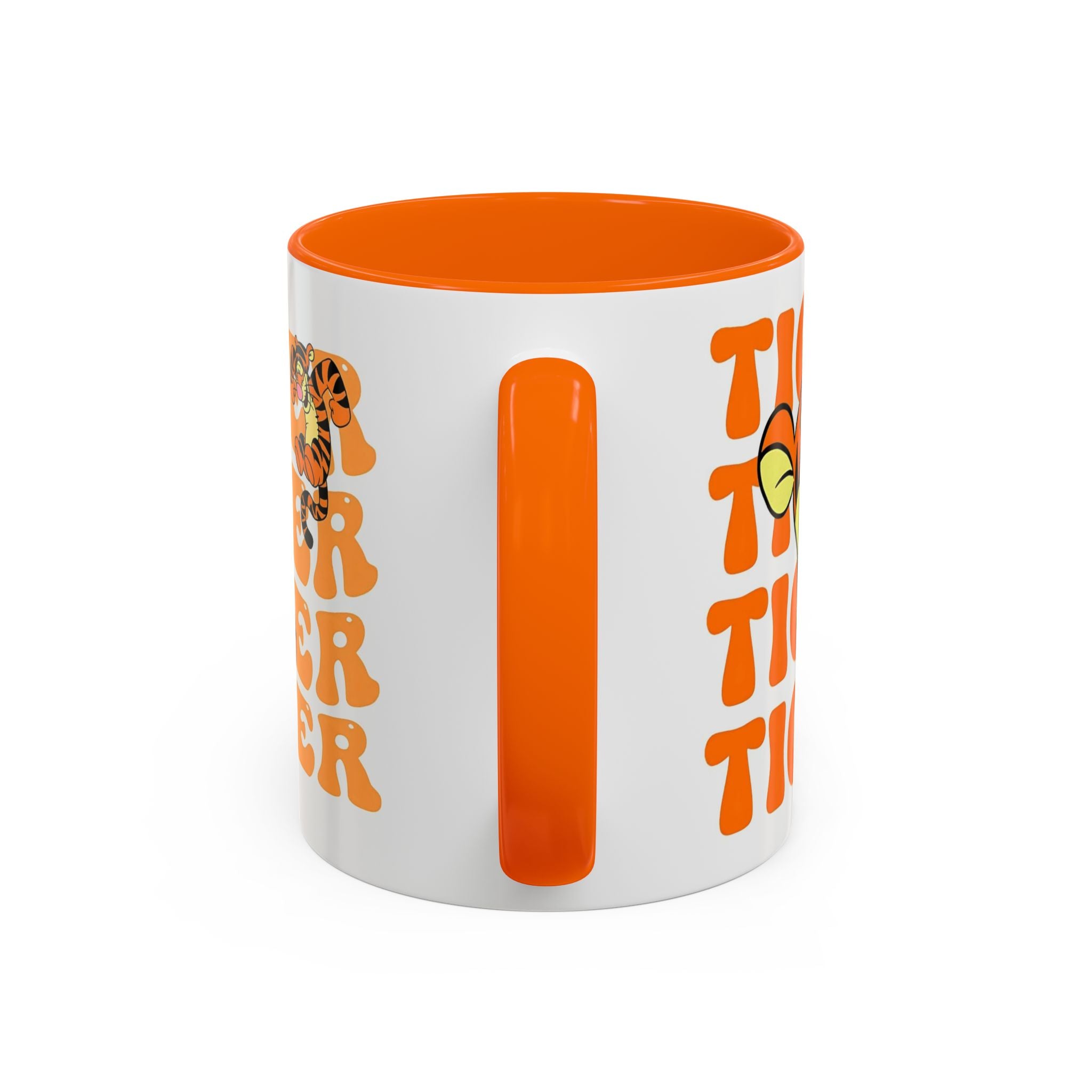 Tigger Coffee Mug — Cute Tigger Face with Retro Orange Text (11/15oz Accent Mug)