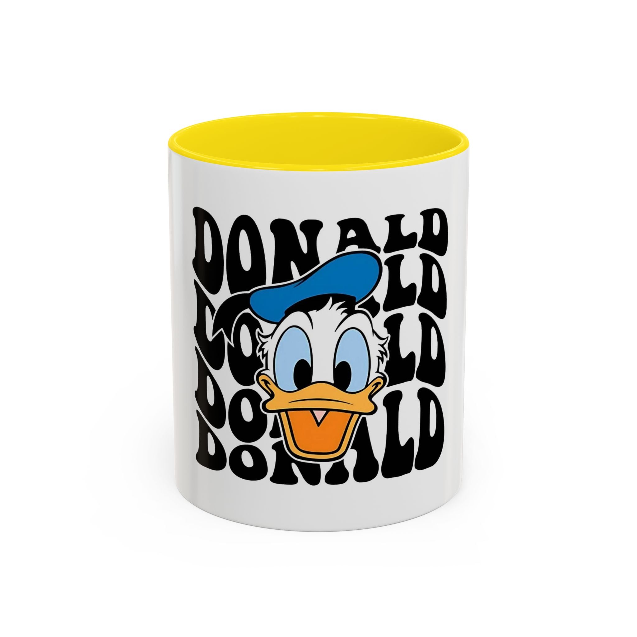 Donald Duck Accent Coffee Mug — Retro Character Face & Repeating "Donald" Text, 11/15oz