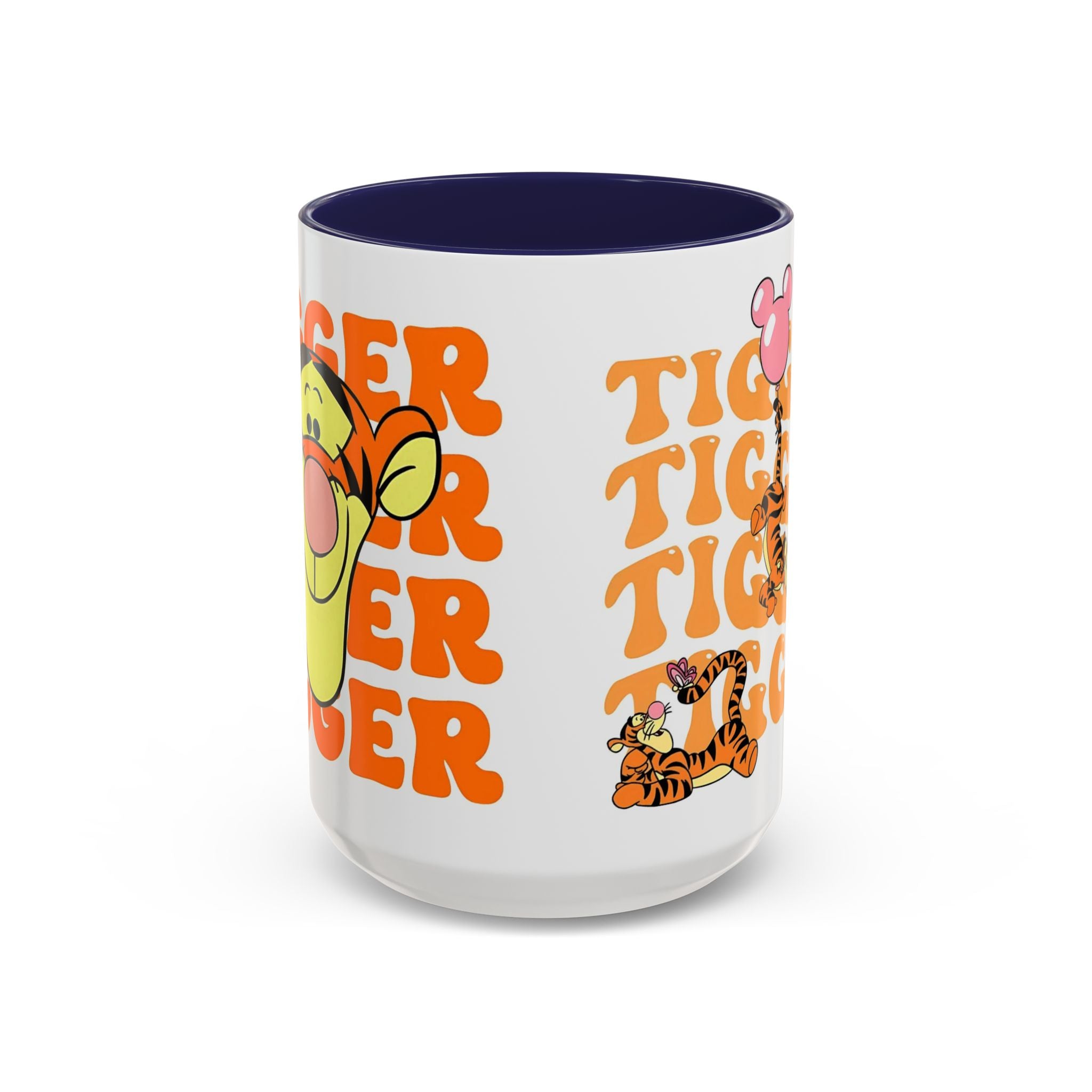 Tigger Coffee Mug — Cute Tigger Face with Retro Orange Text (11/15oz Accent Mug)