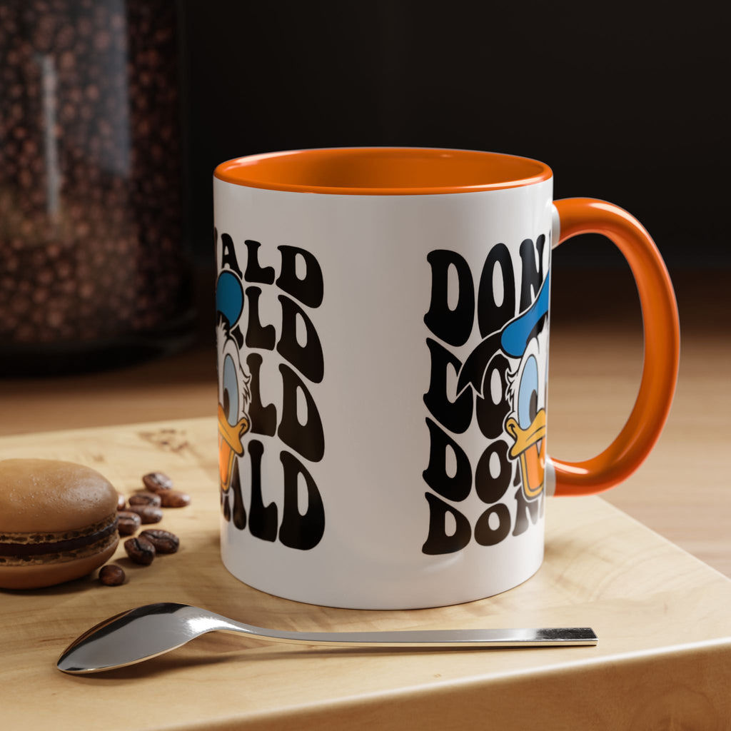 Donald Duck Accent Coffee Mug — Retro Character Face & Repeating "Donald" Text, 11/15oz