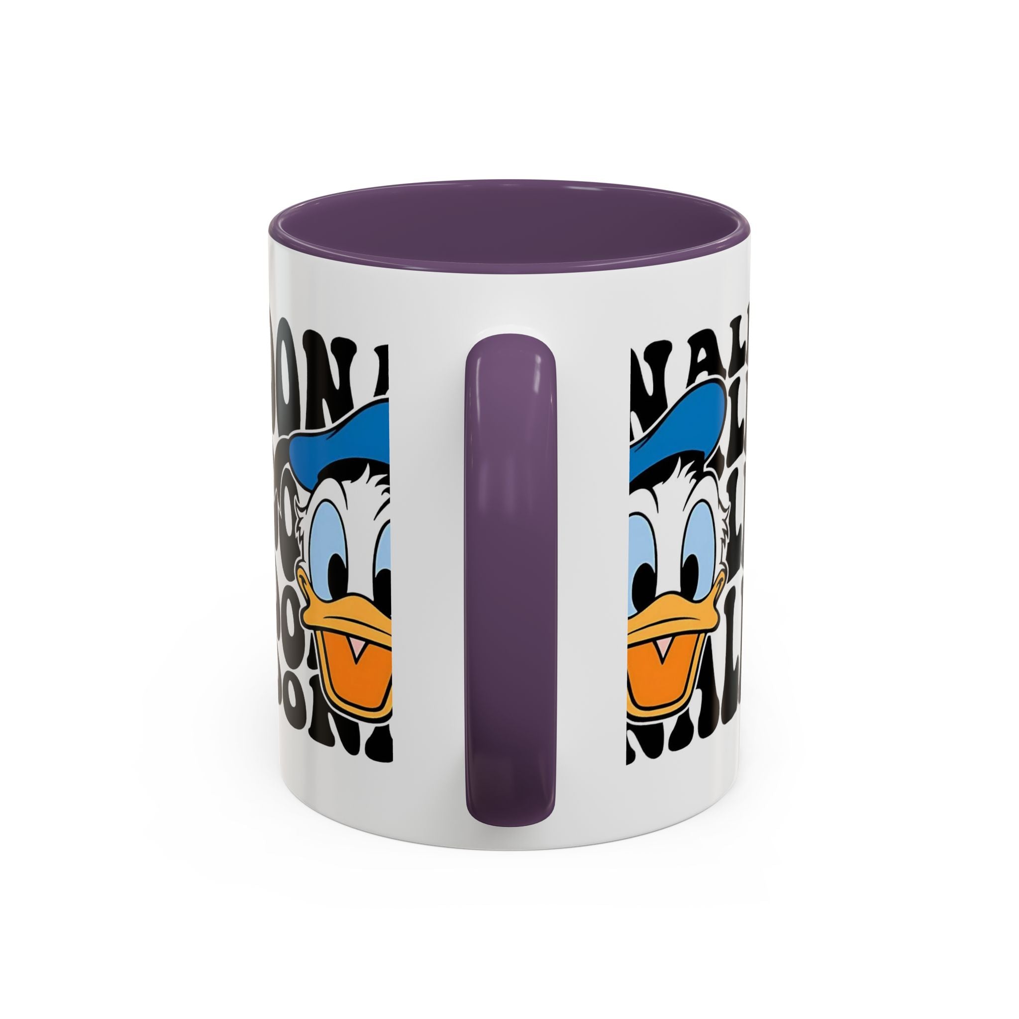 Donald Duck Accent Coffee Mug — Retro Character Face & Repeating "Donald" Text, 11/15oz