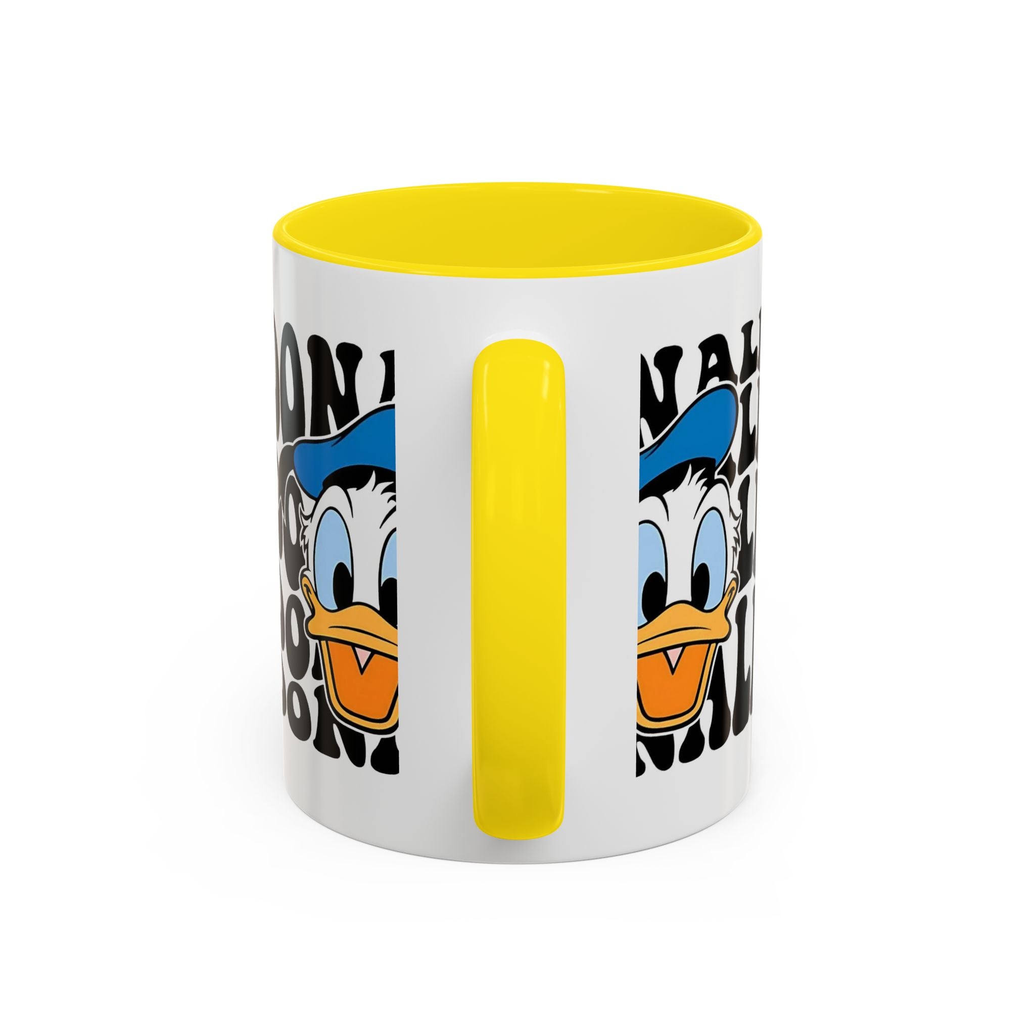 Donald Duck Accent Coffee Mug — Retro Character Face & Repeating "Donald" Text, 11/15oz