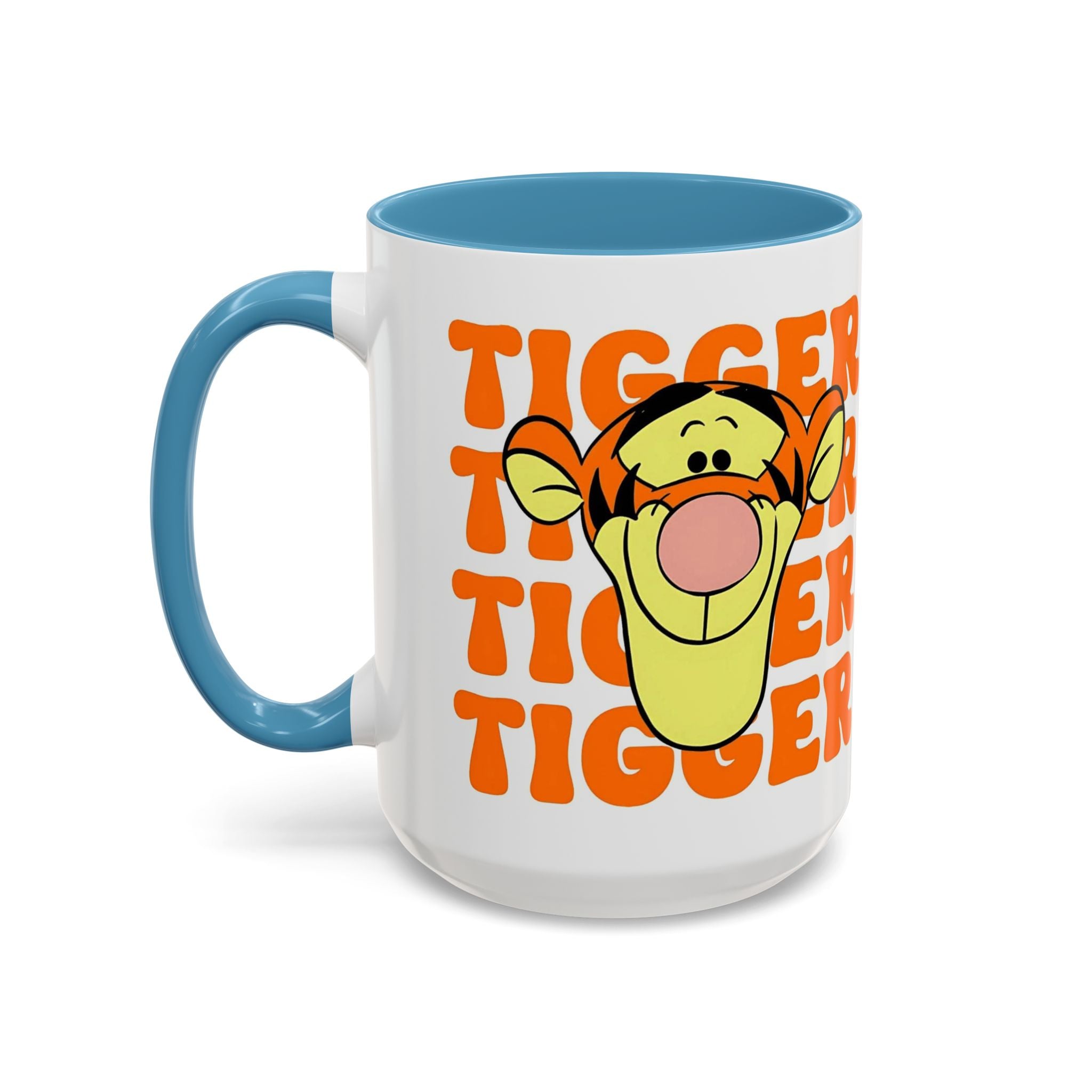 Tigger Coffee Mug — Cute Tigger Face with Retro Orange Text (11/15oz Accent Mug)