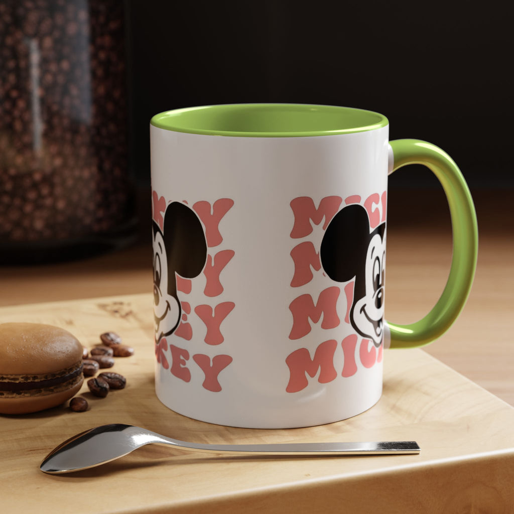 Retro Cartoon Character Coffee Mug – Vintage Face & Repeating Text Accent