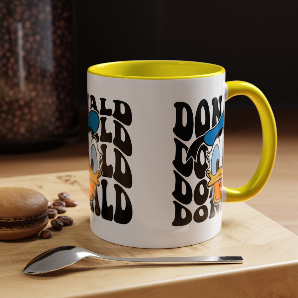Donald Duck Accent Coffee Mug — Retro Character Face & Repeating "Donald" Text, 11/15oz