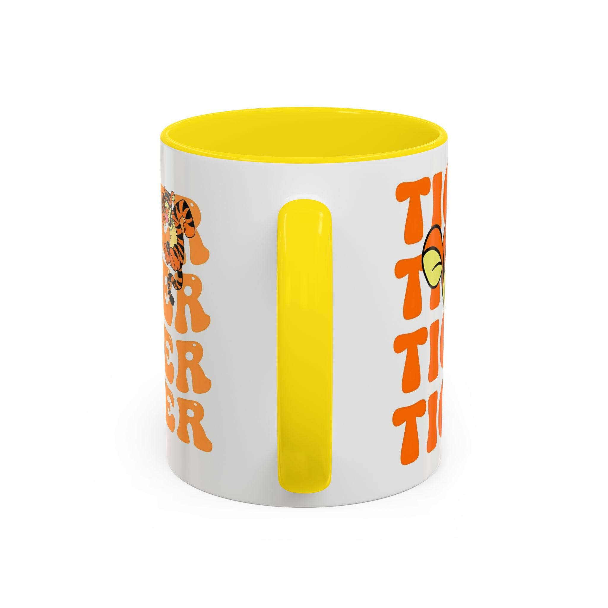 Tigger Coffee Mug — Cute Tigger Face with Retro Orange Text (11/15oz Accent Mug)